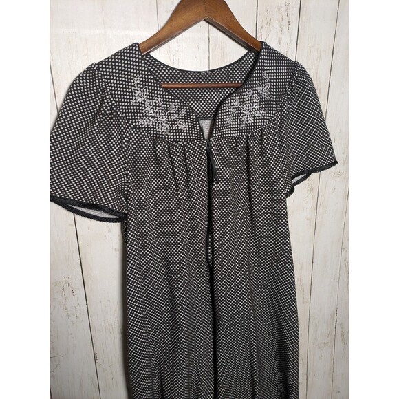 Vintage Black White Dotted Zip Front House Dress Floral Embroidered Lounge Comfy - Picture 8 of 8